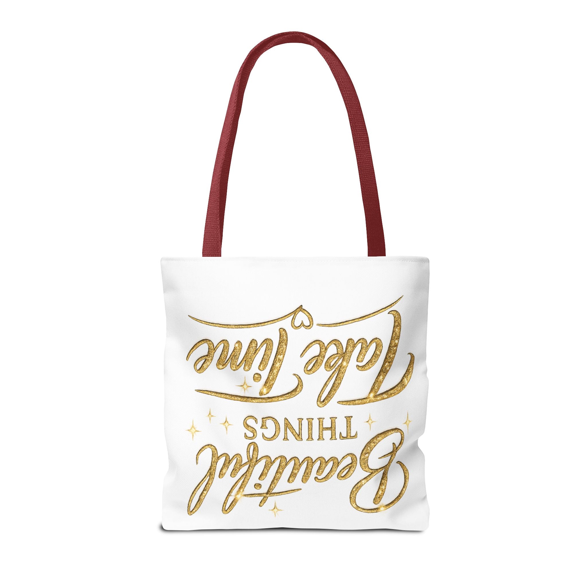 Unisex Beautiful Things Take Time Tote Bag — Inspirational Gold Script Tote