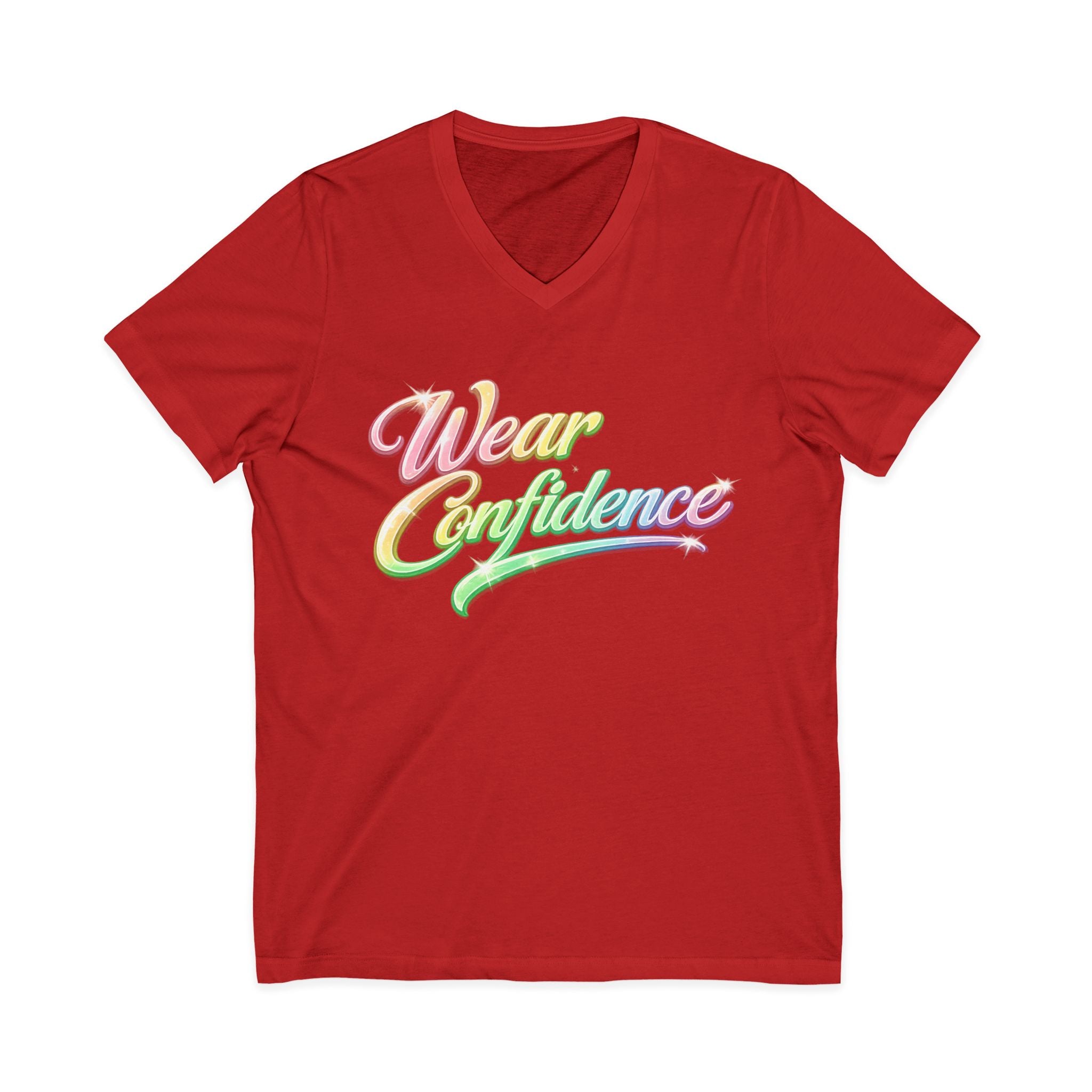 Wear Confidence V‑Neck Tee — Rainbow Script Inspirational T‑Shirt