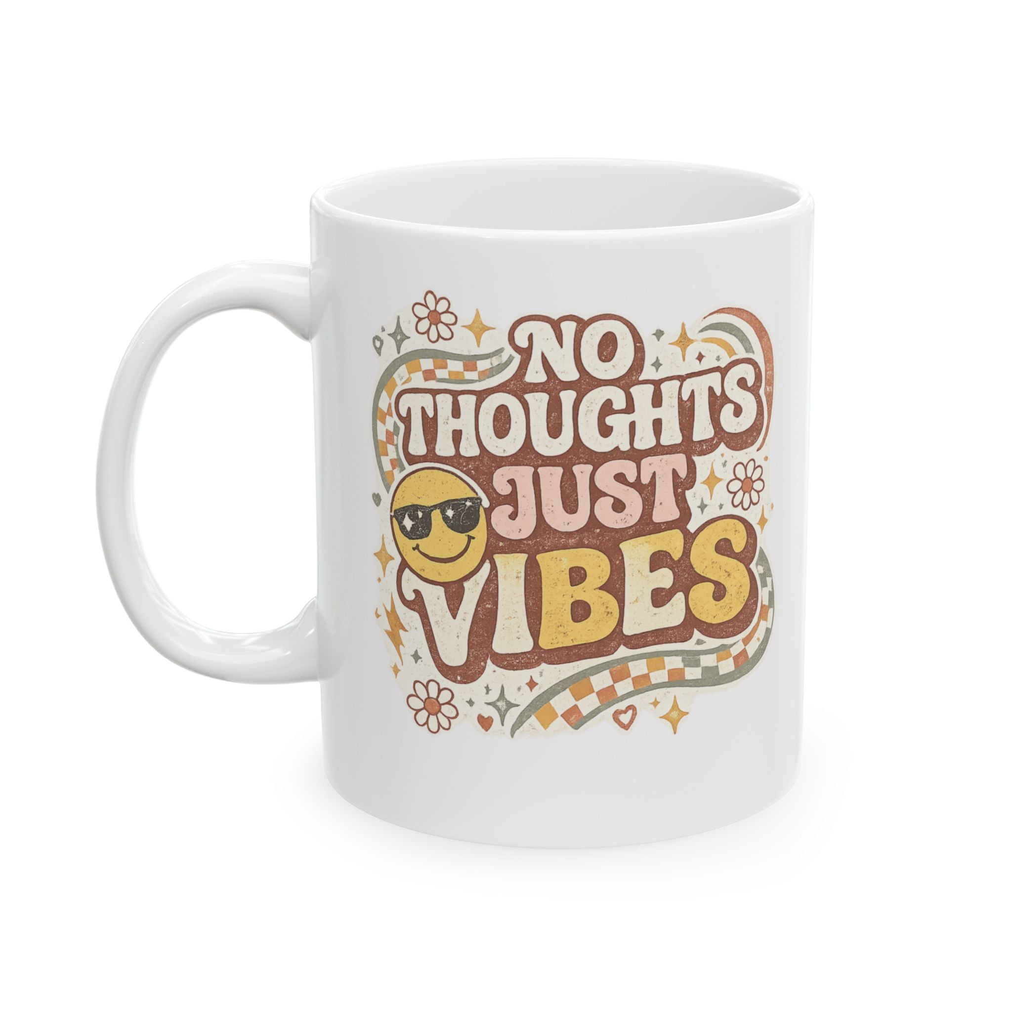No Thoughts Just Vibes Mug, Funny Retro Coffee Mug, Groovy Cute Ceramic Mug, Retro Smiley Face Gift