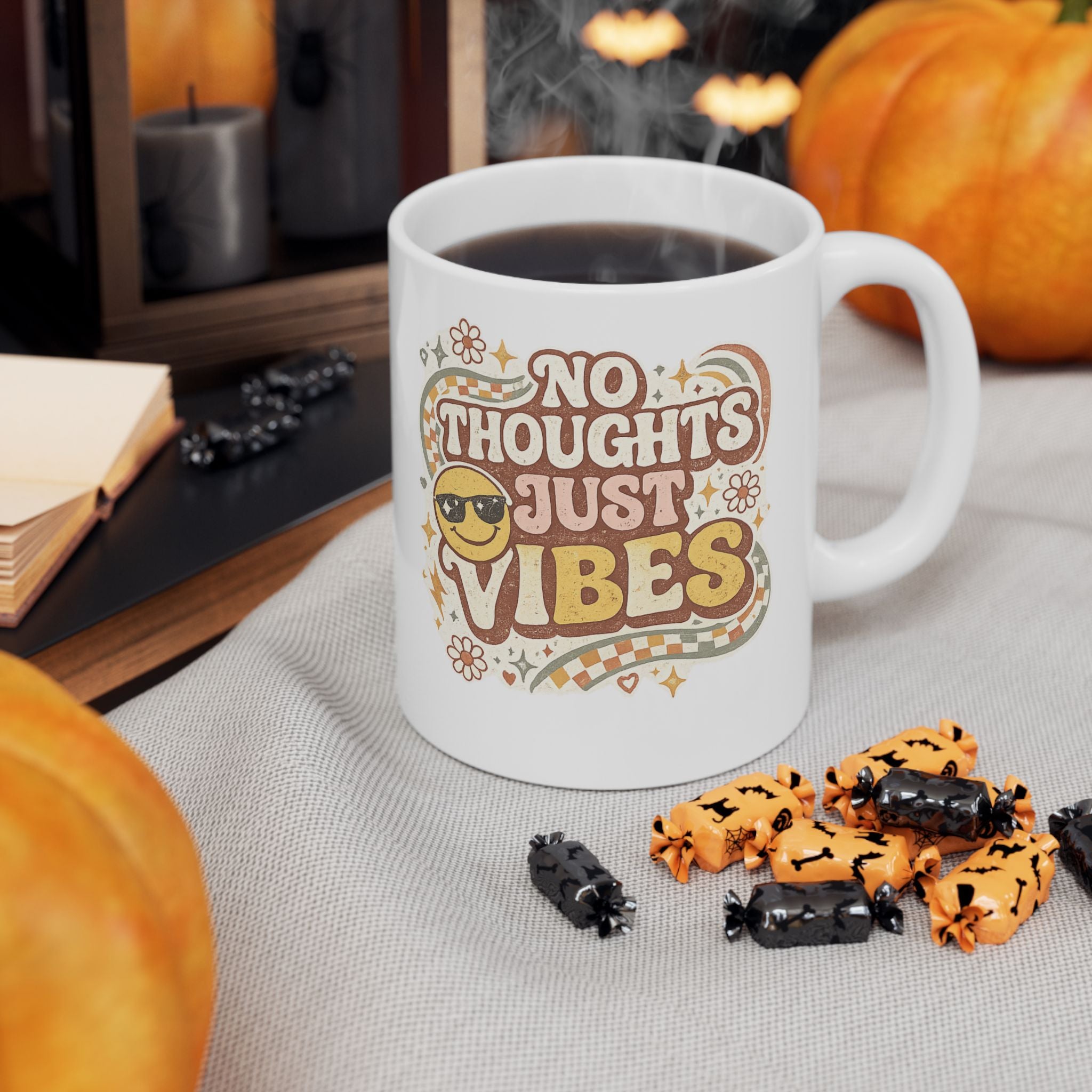 No Thoughts Just Vibes Mug, Funny Retro Coffee Mug, Groovy Cute Ceramic Mug, Retro Smiley Face Gift
