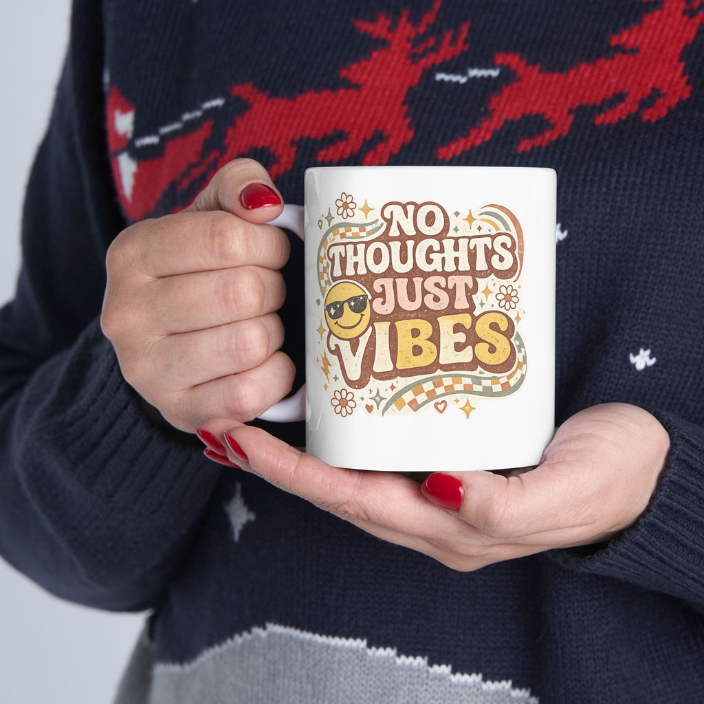 No Thoughts Just Vibes Mug, Funny Retro Coffee Mug, Groovy Cute Ceramic Mug, Retro Smiley Face Gift