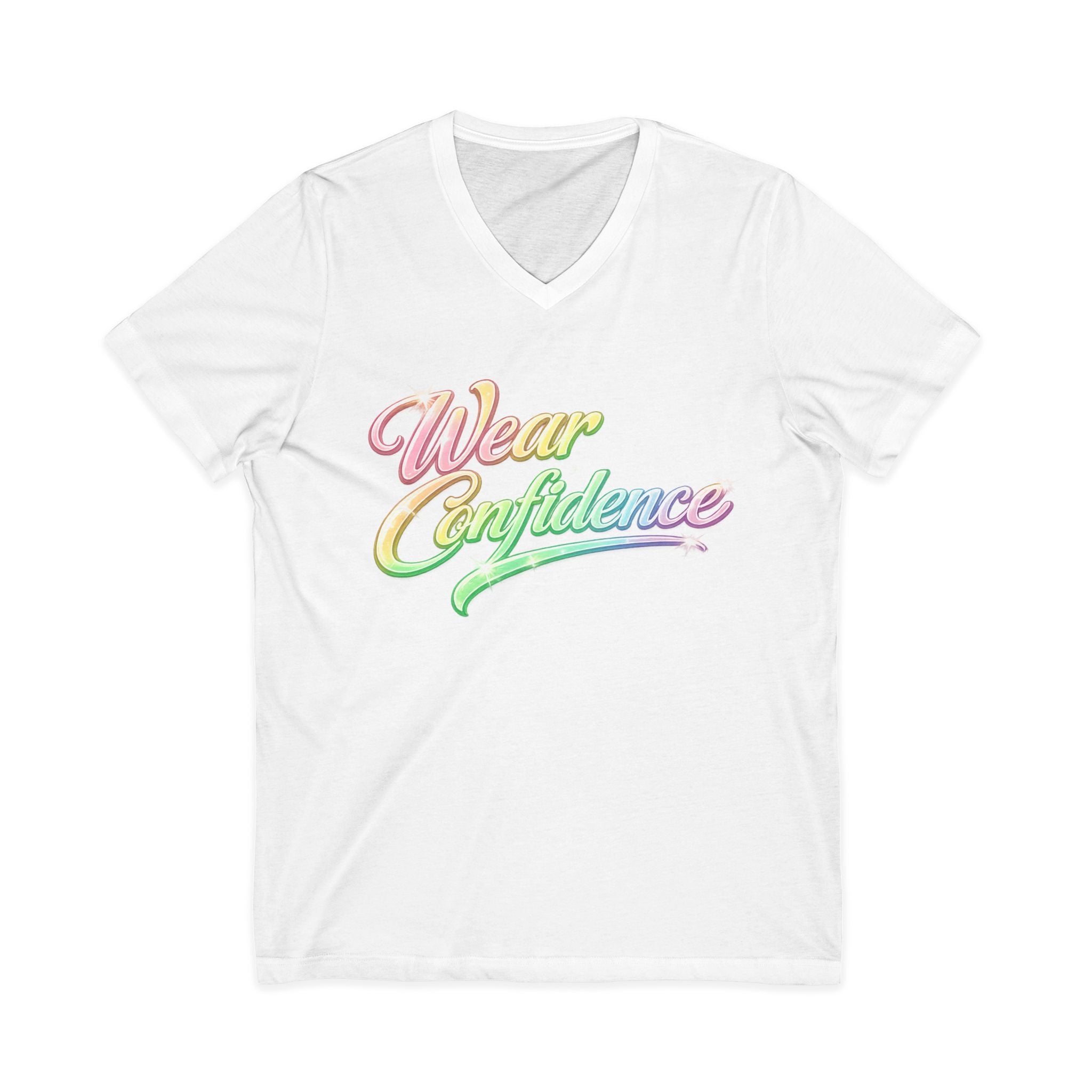 Wear Confidence V‑Neck Tee — Rainbow Script Inspirational T‑Shirt