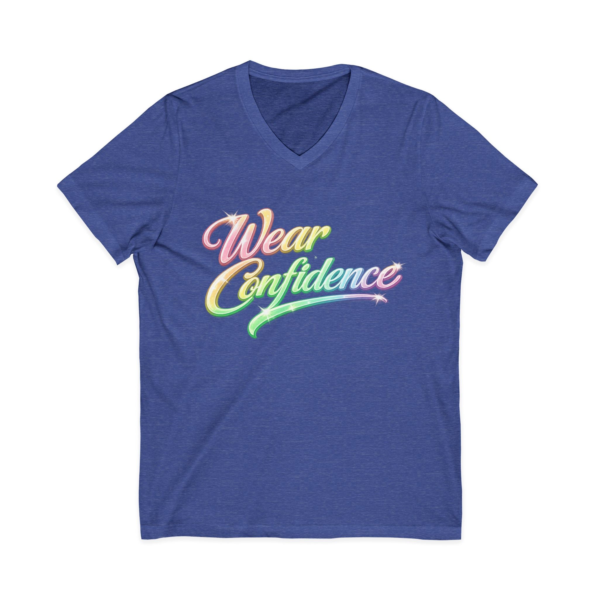 Wear Confidence V‑Neck Tee — Rainbow Script Inspirational T‑Shirt