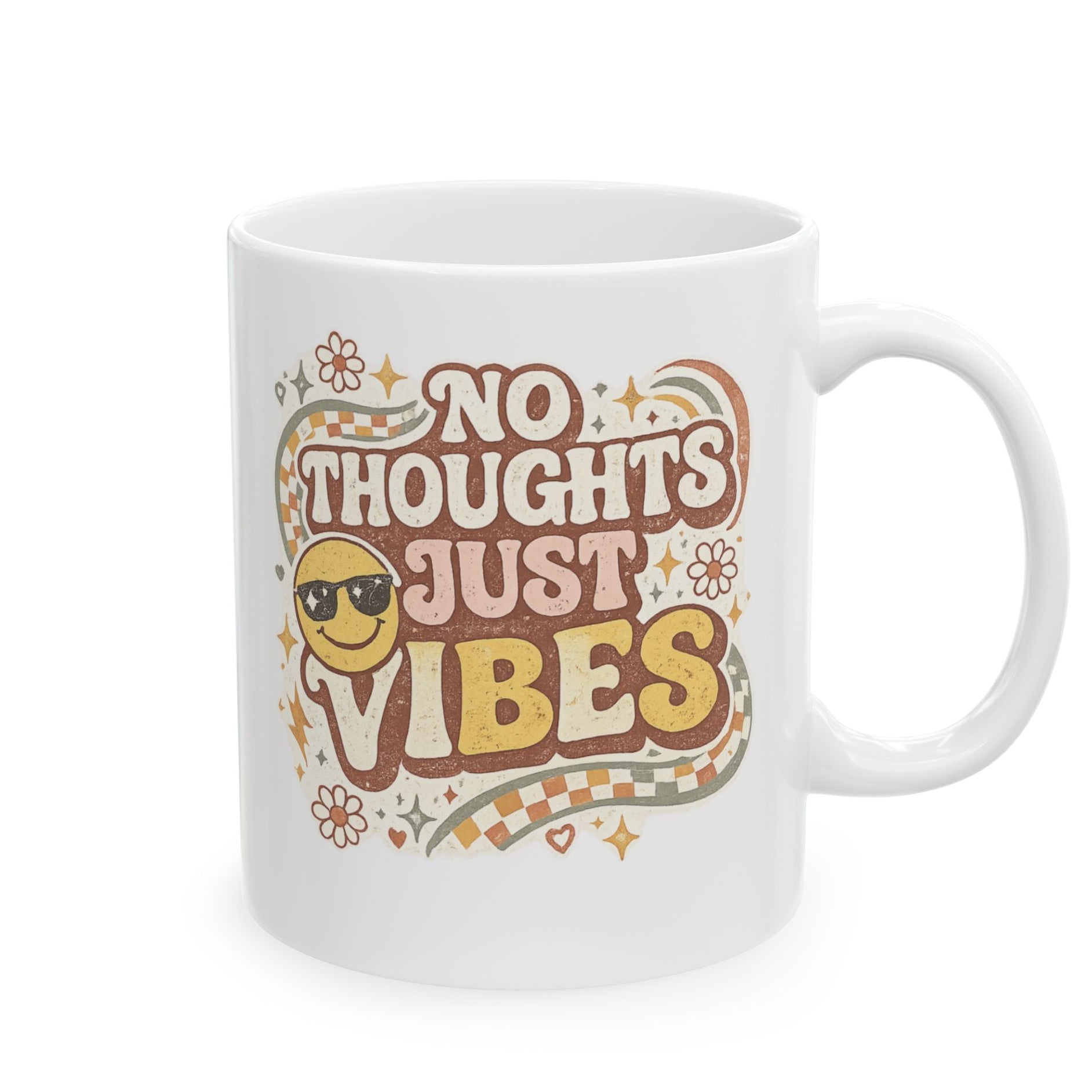No Thoughts Just Vibes Mug, Funny Retro Coffee Mug, Groovy Cute Ceramic Mug, Retro Smiley Face Gift