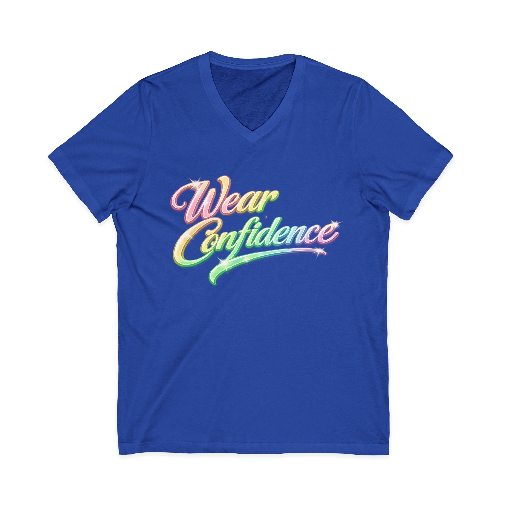 Wear Confidence V‑Neck Tee — Rainbow Script Inspirational T‑Shirt