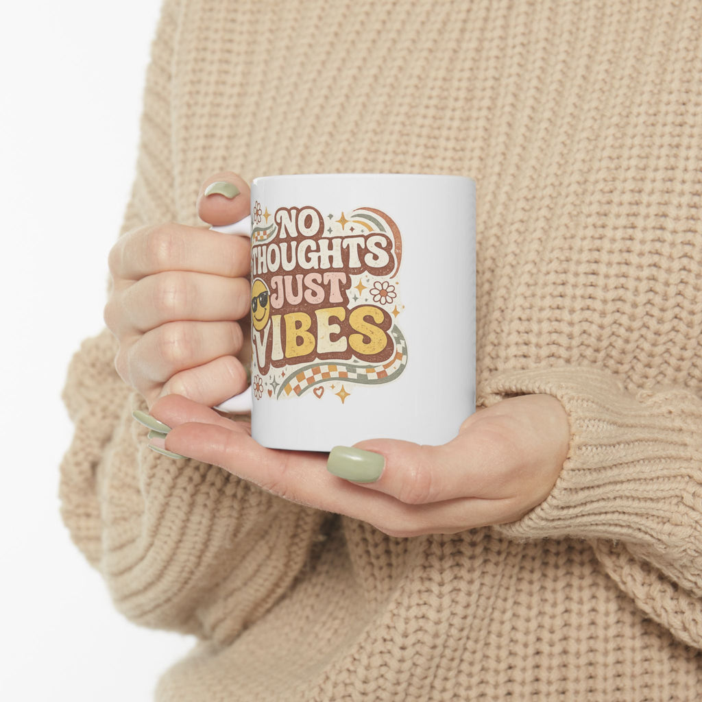 No Thoughts Just Vibes Mug, Funny Retro Coffee Mug, Groovy Cute Ceramic Mug, Retro Smiley Face Gift