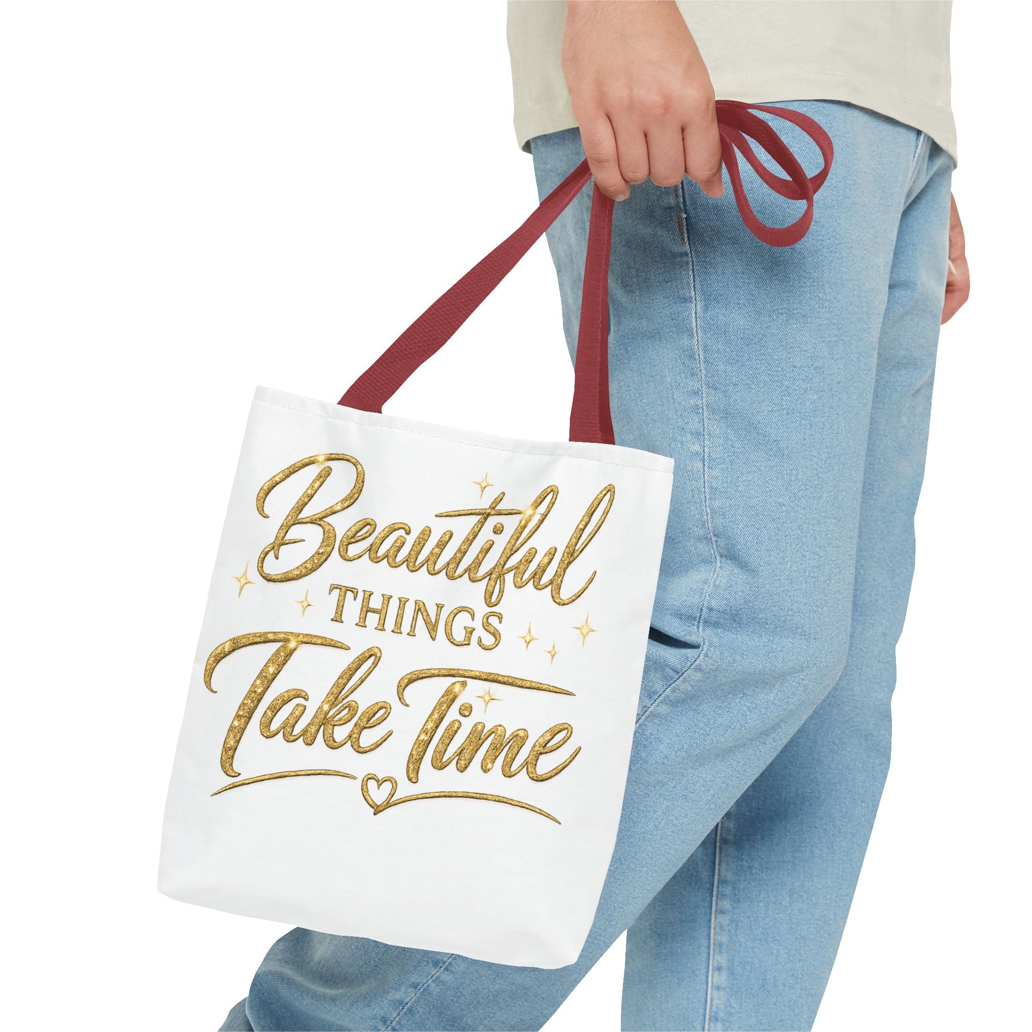 Unisex Beautiful Things Take Time Tote Bag — Inspirational Gold Script Tote