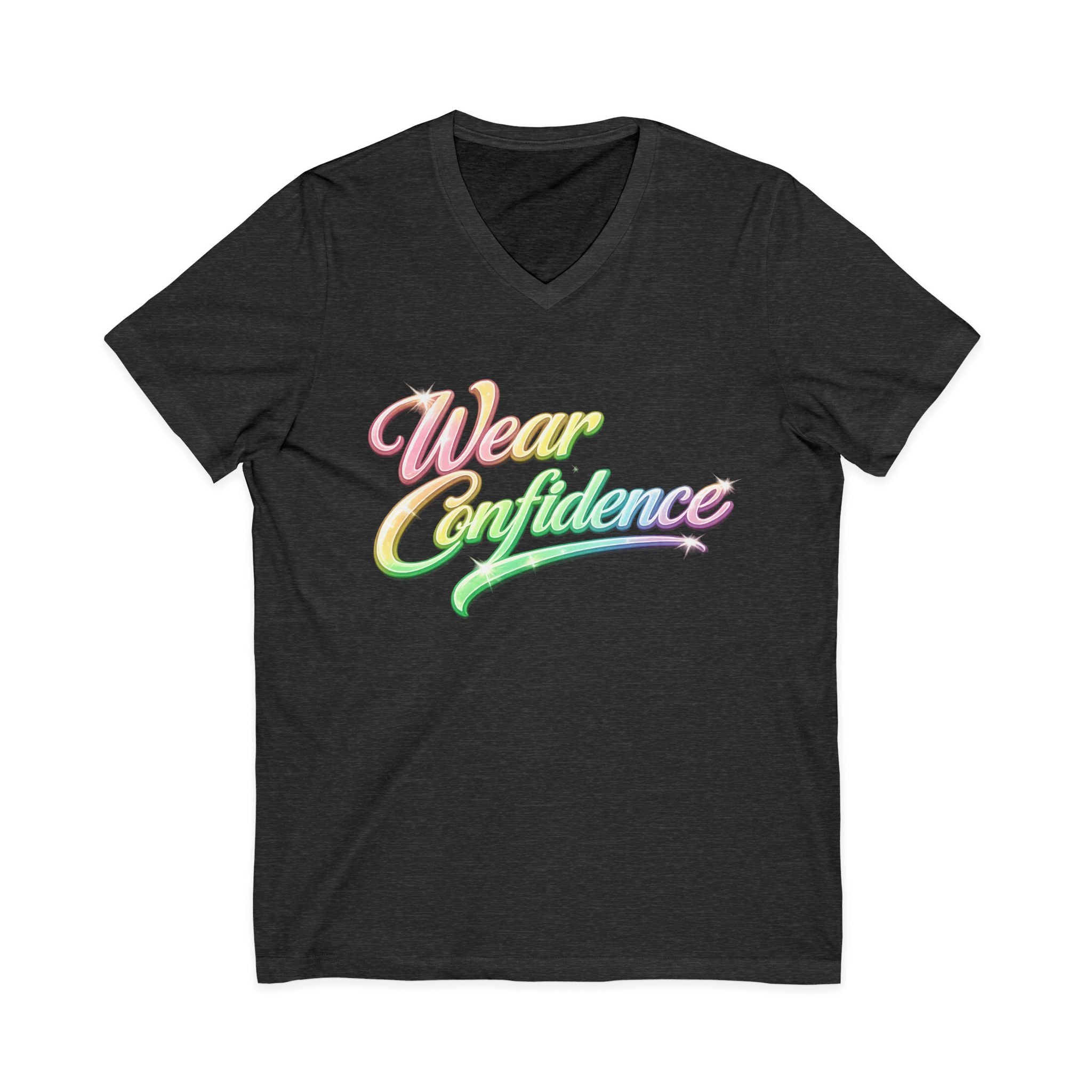 Wear Confidence V‑Neck Tee — Rainbow Script Inspirational T‑Shirt