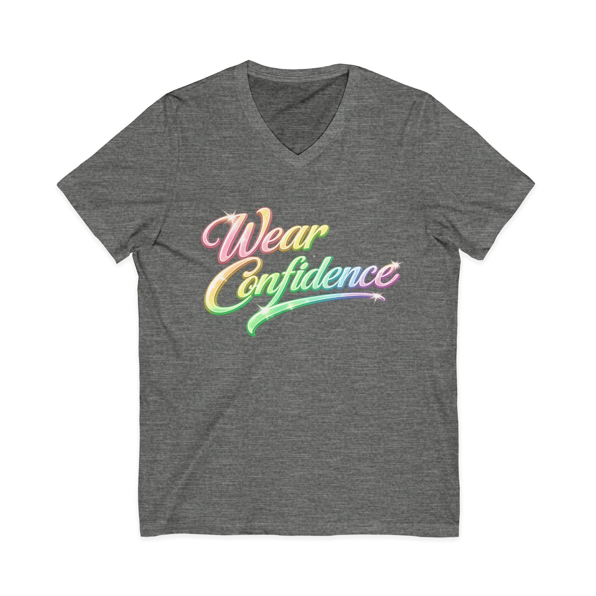 Wear Confidence V‑Neck Tee — Rainbow Script Inspirational T‑Shirt
