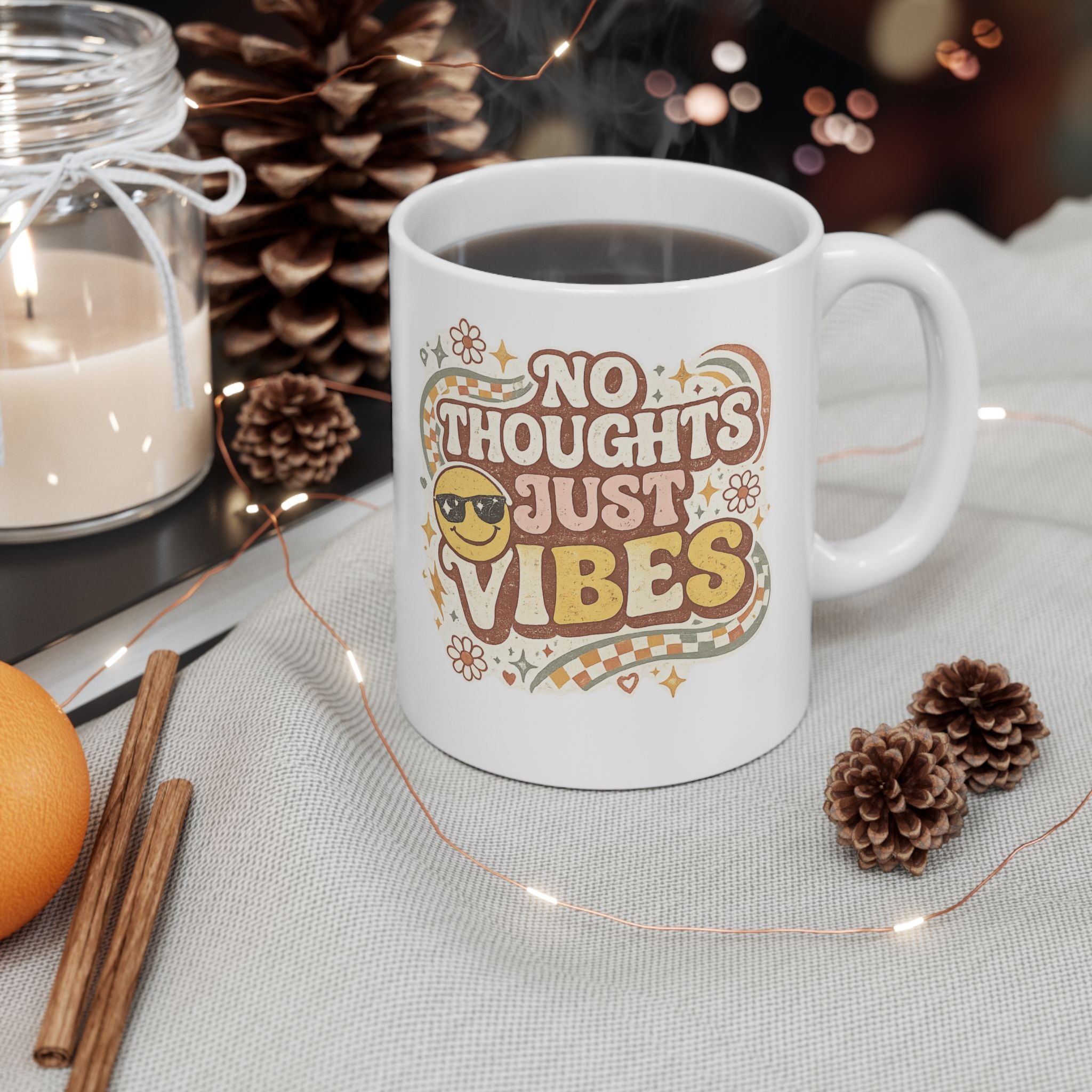 No Thoughts Just Vibes Mug, Funny Retro Coffee Mug, Groovy Cute Ceramic Mug, Retro Smiley Face Gift