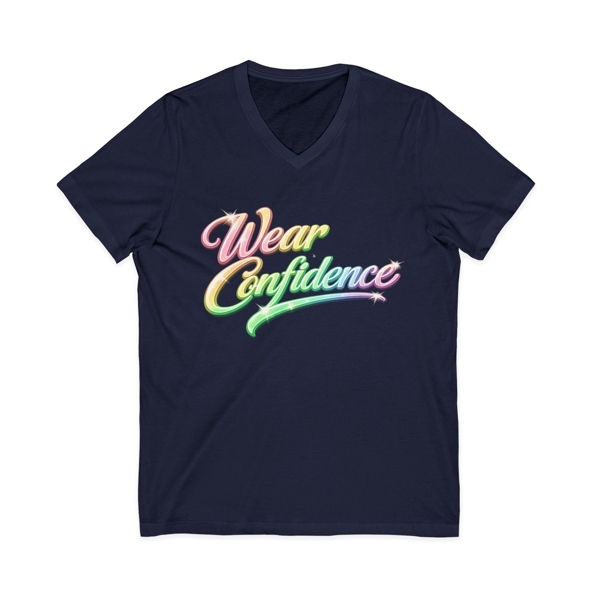 Wear Confidence V‑Neck Tee — Rainbow Script Inspirational T‑Shirt