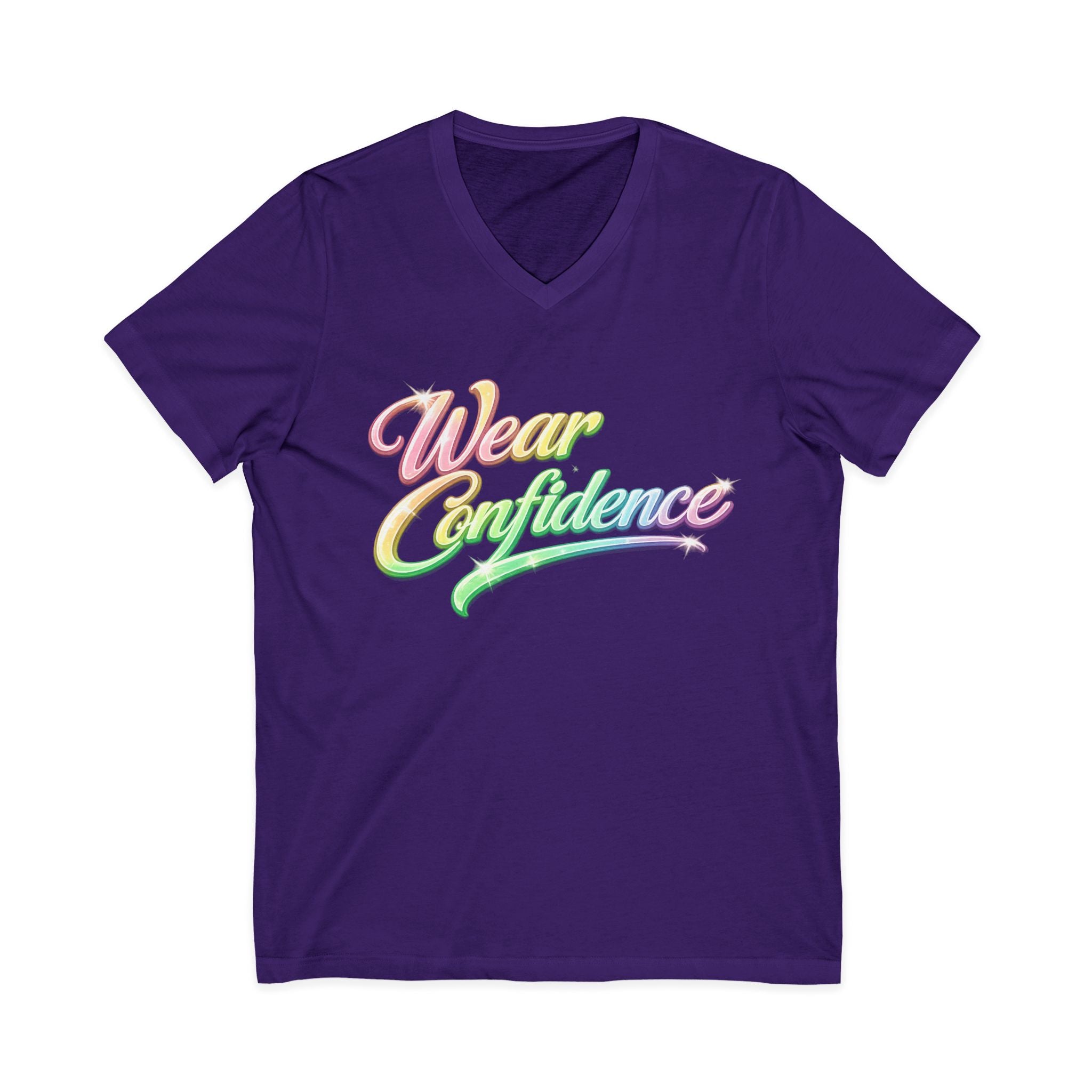 Wear Confidence V‑Neck Tee — Rainbow Script Inspirational T‑Shirt