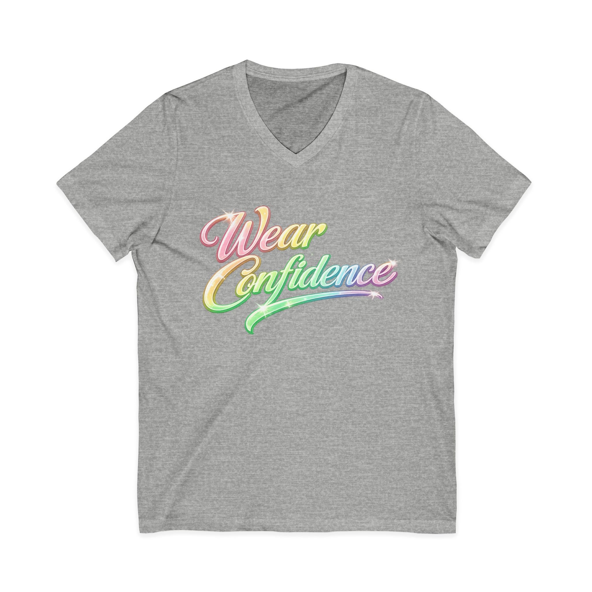 Wear Confidence V‑Neck Tee — Rainbow Script Inspirational T‑Shirt