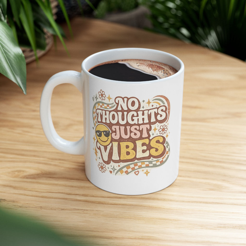 No Thoughts Just Vibes Mug, Funny Retro Coffee Mug, Groovy Cute Ceramic Mug, Retro Smiley Face Gift