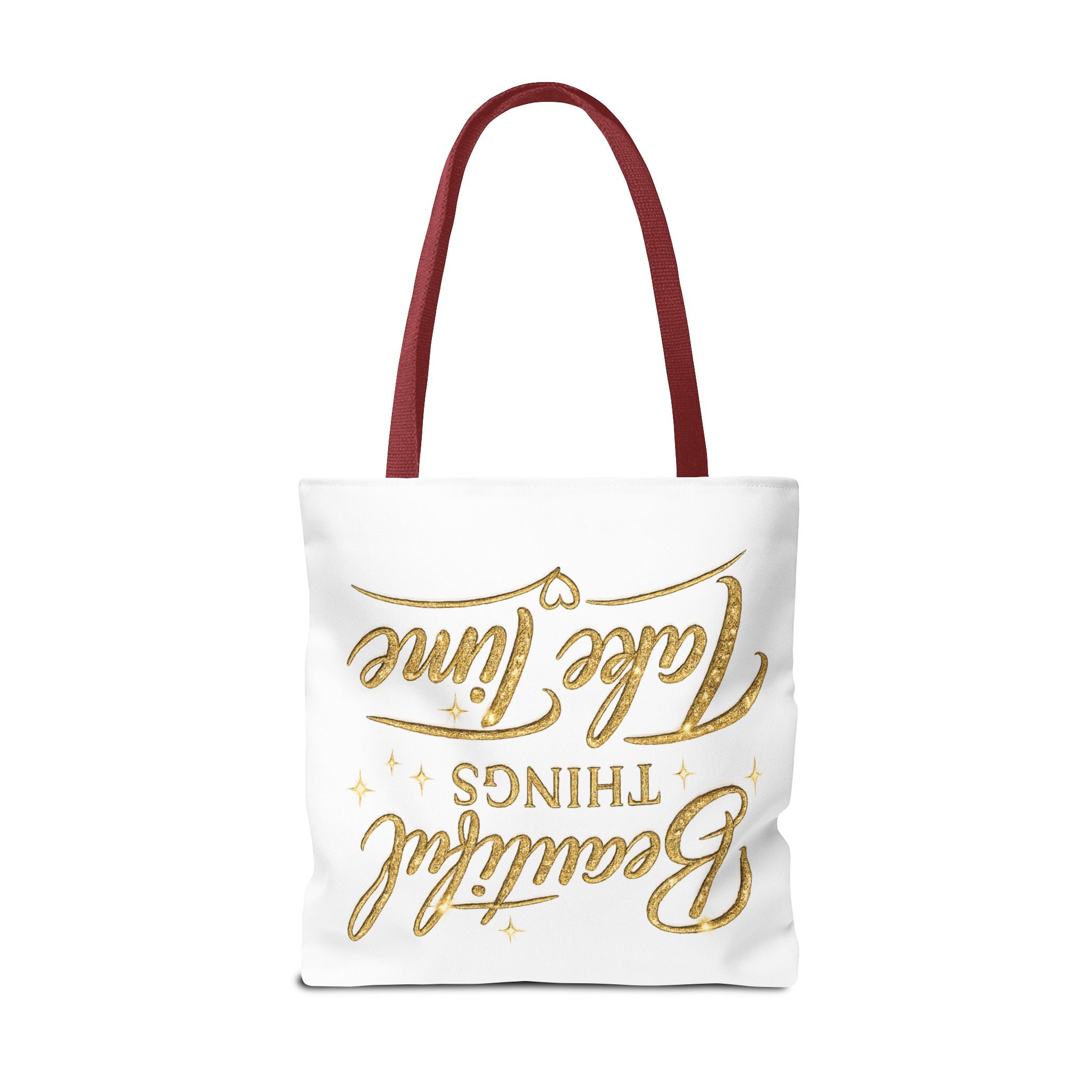 Unisex Beautiful Things Take Time Tote Bag — Inspirational Gold Script Tote