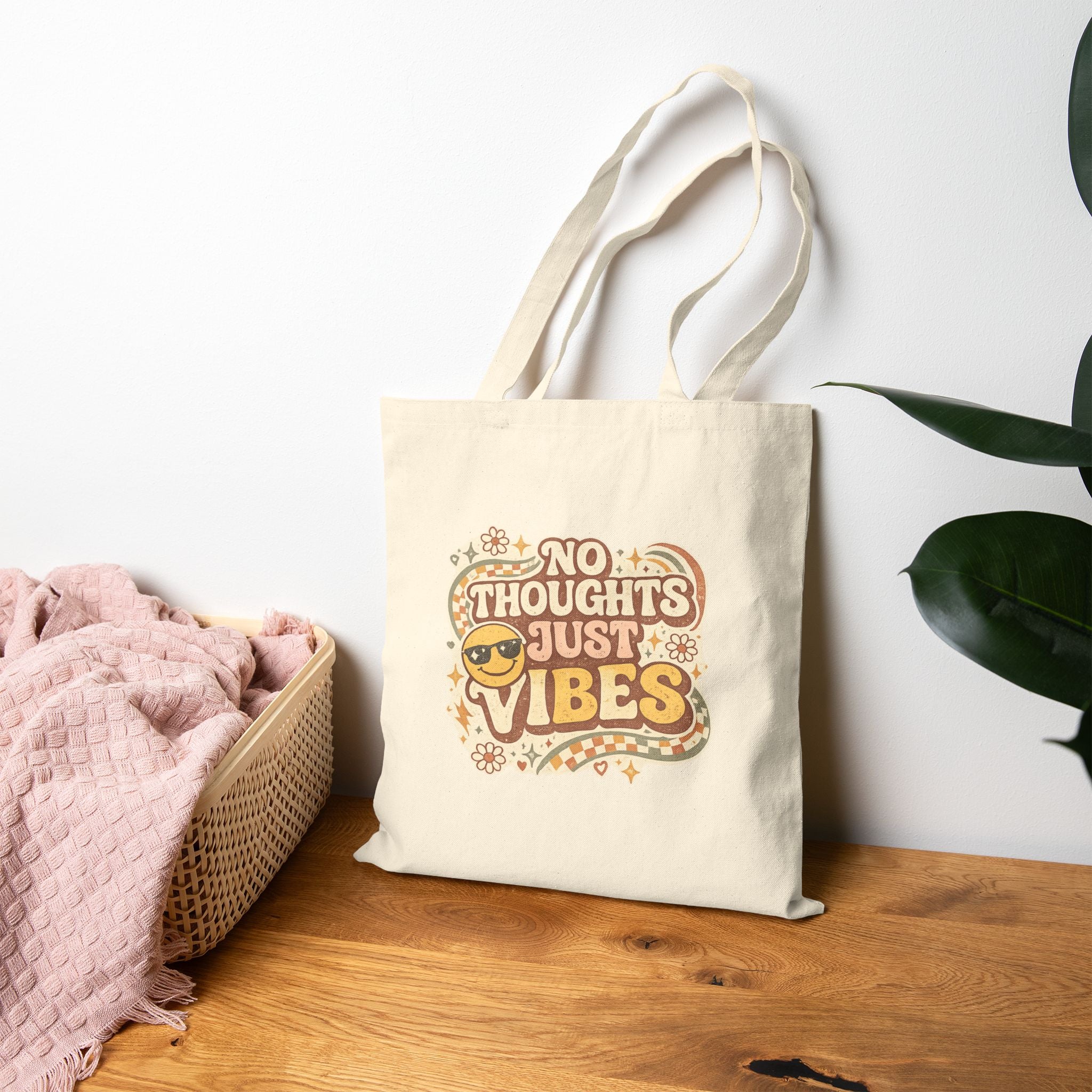 No Thoughts Just Vibes Canvas Tote Bag, Funny, Retro Aesthetic Tote bag, Groovy canvas Bag