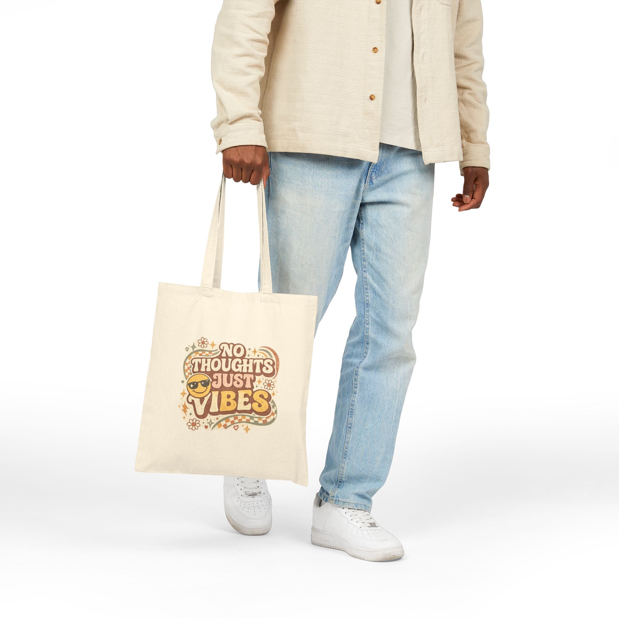 No Thoughts Just Vibes Canvas Tote Bag, Funny, Retro Aesthetic Tote bag, Groovy canvas Bag